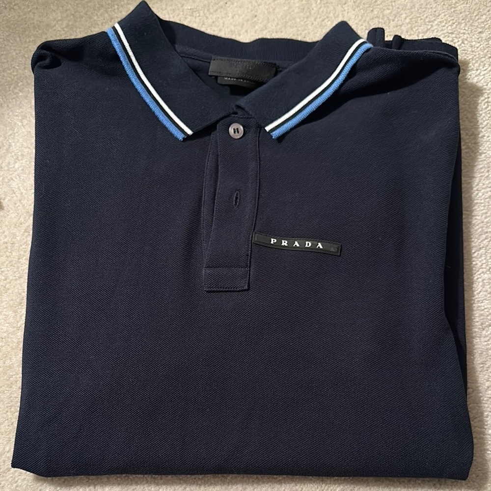 Prada Blue Polo Shirt with Elegant Knit and Logo Detail